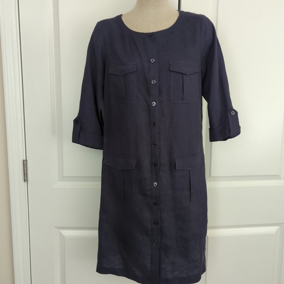 Go Silk Navy Blue Shirt Dress 100% Linen Button Down Pockets Minimalist-51 - Picture 5 of 12